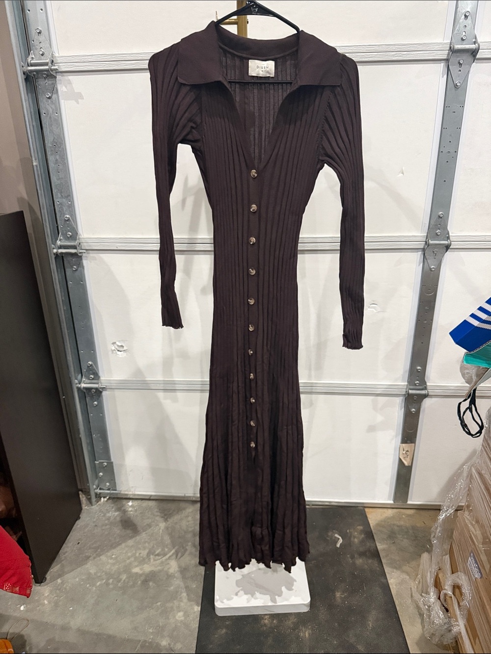 DISSH Dark Brown Long Sleeve Ribbed Button-Front Maxi Dress